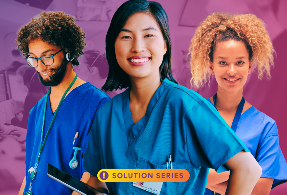 Group of diverse healthcare professionals wearing scrubs and smiling, representing virtual clinical training and online healthcare workforce solutions by Virtually.io.