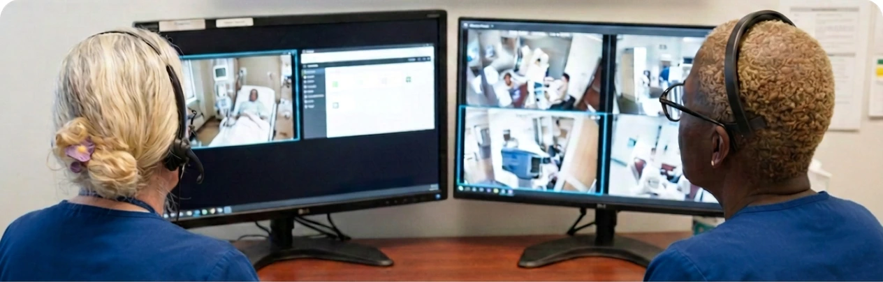 wo VirtuAlly patient safety observers using remote monitoring screens to oversee hospital patients and help prevent falls and safety incidents.