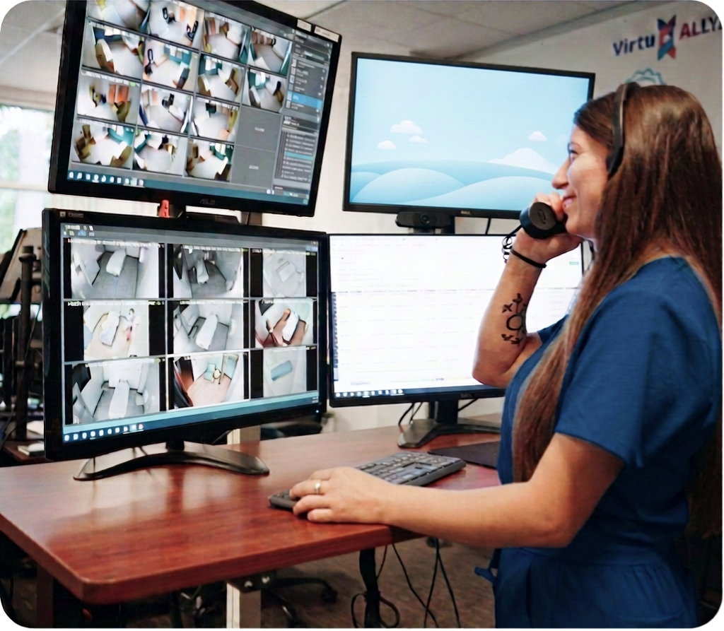 VirtuAlly nurse operating multiple patient monitoring screens to support virtual care technology integration in hospitals.