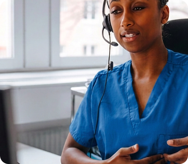 VirtuAlly virtual nurse wearing blue scrubs and a headset, providing remote clinical support to hospital care teams.