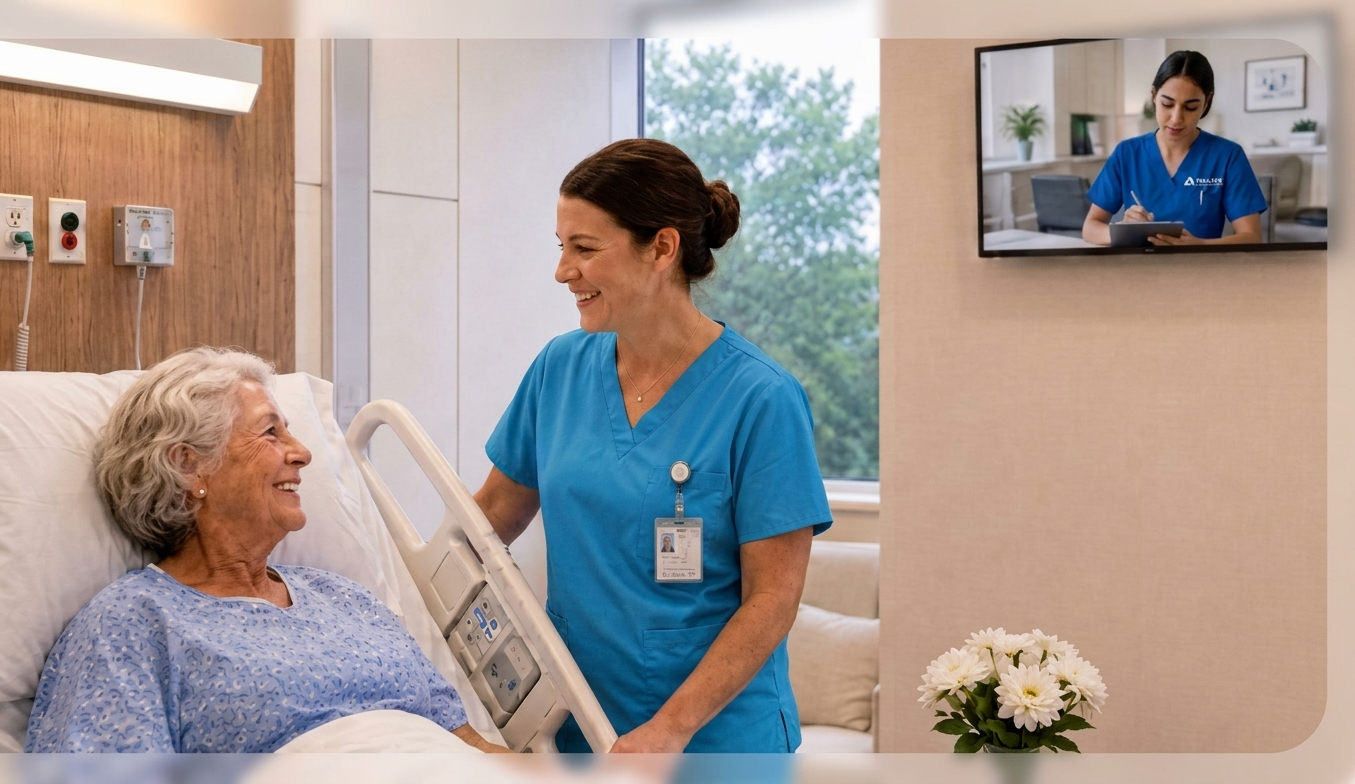Hospital nurse assisting an elderly patient at the bedside as part of a coordinated virtual nursing and clinical care team.