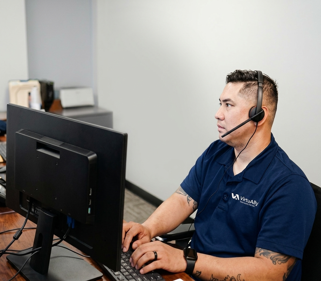 VirtuAlly cardiac telemetry monitoring specialist wearing a headset and reviewing patient information on a computer to support 24/7 hospital cardiac monitoring.