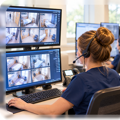 Virtual care nurse monitoring multiple hospital patient rooms through a centralized remote patient monitoring station.